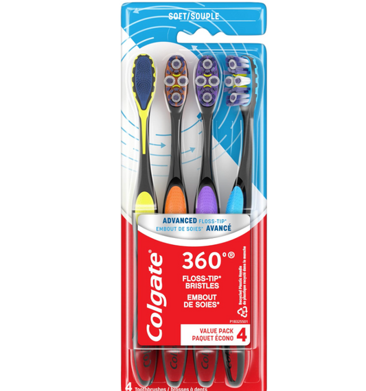 Colgate 360 Advanced Floss Tip Toothbrush, Soft Toothbrush for Adults, 4 Pack