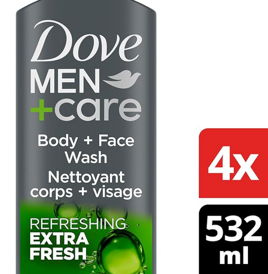 Dove Men+Care Body Wash Extra Fresh 4 Count for Men's Skin Care Body Wash Effectively Washes Away Bacteria While Nourishing Your Skin 18 oz