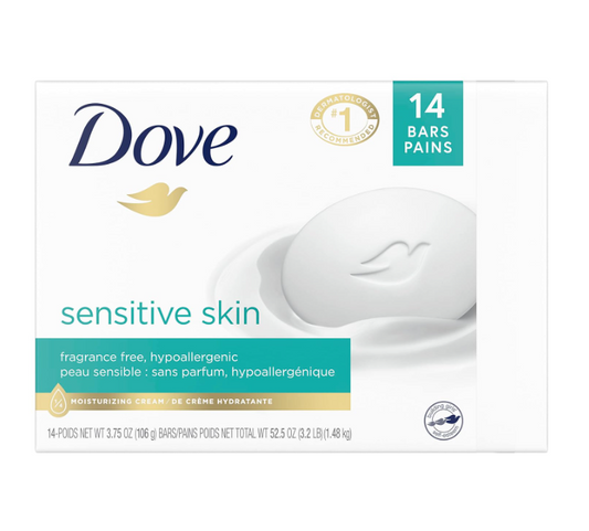 Dove Beauty Bar Fragrance-Free Hypoallergenic Sensitive Skin Gentle Cleanser, 3.75 oz (Pack of 14)